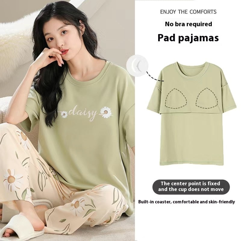 Women's Pajamas Summer Short Sleeve Trousers Sweet With Chest Pad Suit