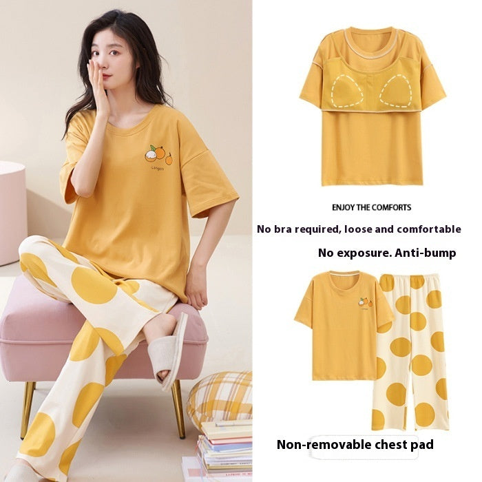 Women's Pajamas Summer Short Sleeve Trousers Sweet With Chest Pad Suit