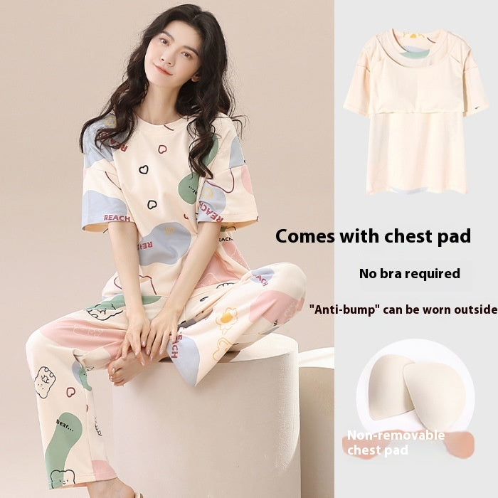 Women's Pajamas Summer Short Sleeve Trousers Sweet With Chest Pad Suit