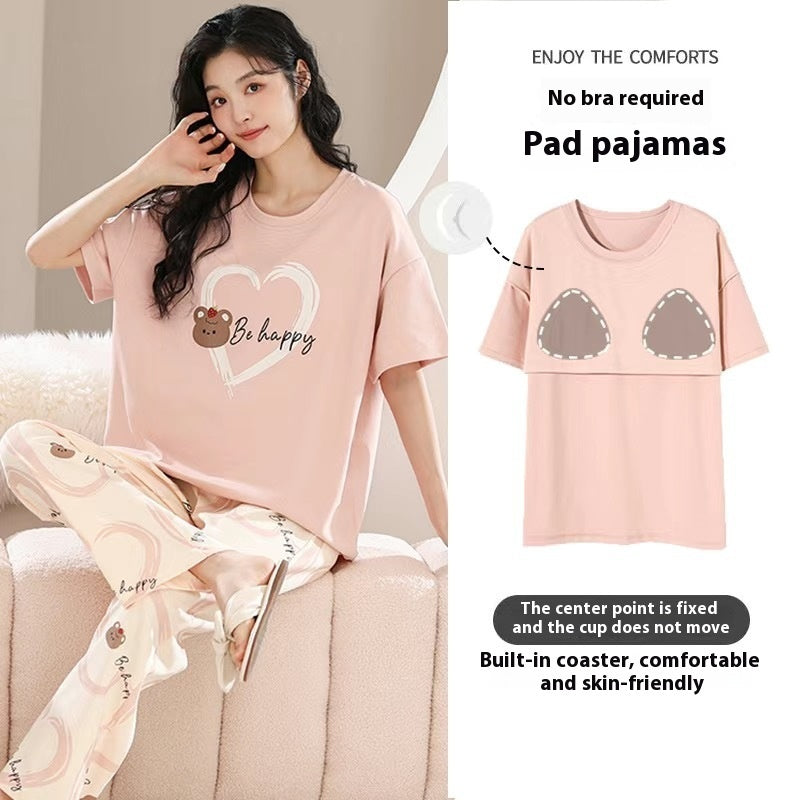 Women's Pajamas Summer Short Sleeve Trousers Sweet With Chest Pad Suit