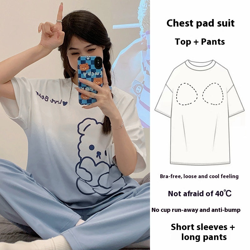 Women's Pajamas Summer Short Sleeve Trousers Sweet With Chest Pad Suit