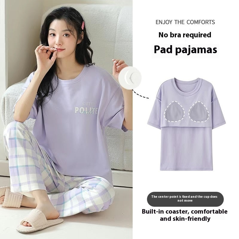 Women's Pajamas Summer Short Sleeve Trousers Sweet With Chest Pad Suit